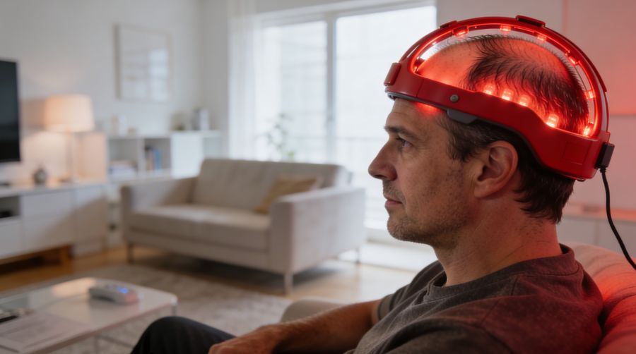 Homme d’environ 35 ans utilisant un casque LLLT à domicile pour traiter la chute de cheveux dans un salon moderne et lumineux