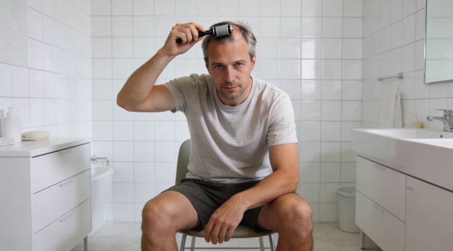 Homme d’environ 35 ans utilisant un dermaroller sur son cuir chevelu légèrement clairsemé dans une salle de bain moderne et lumineuse