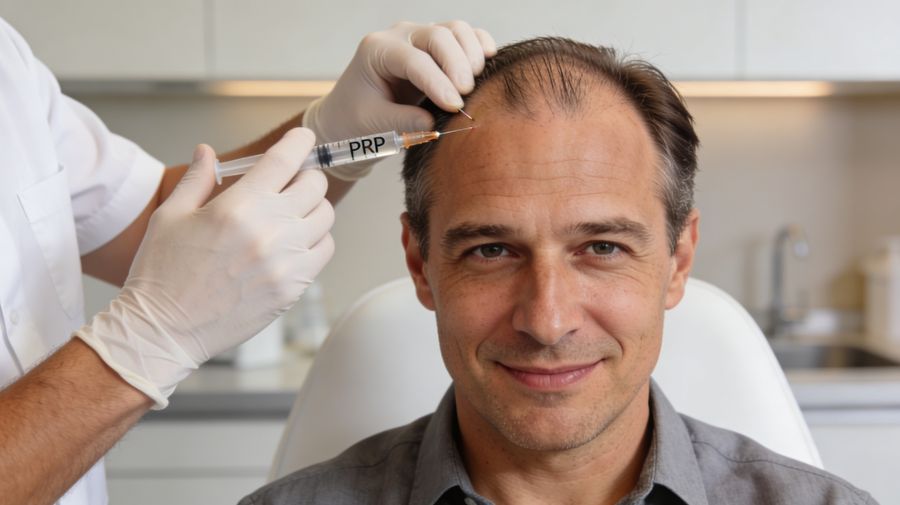 Homme d’environ 40 ans recevant un traitement PRP contre la chute de cheveux dans un cabinet médical moderne, médecin réalisant des micro injections sur le cuir chevelu