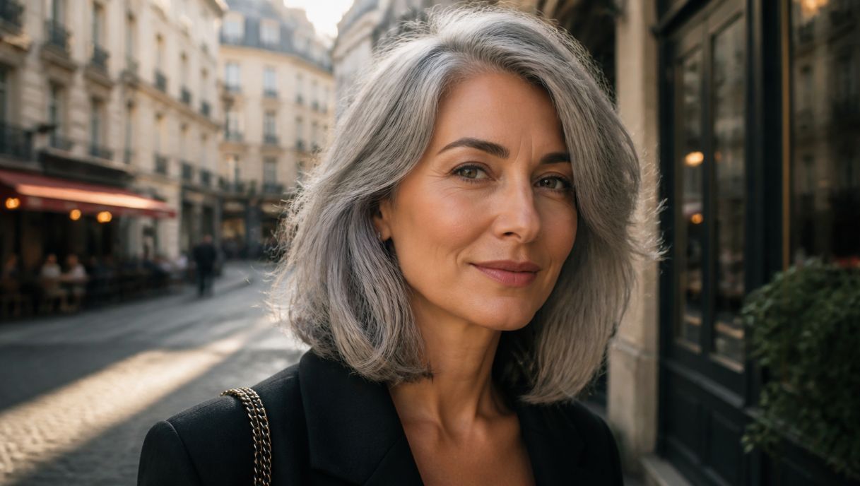 Femme moderne aux cheveux gris argentés montrant que les cheveux blancs peuvent être féminins et attractifs