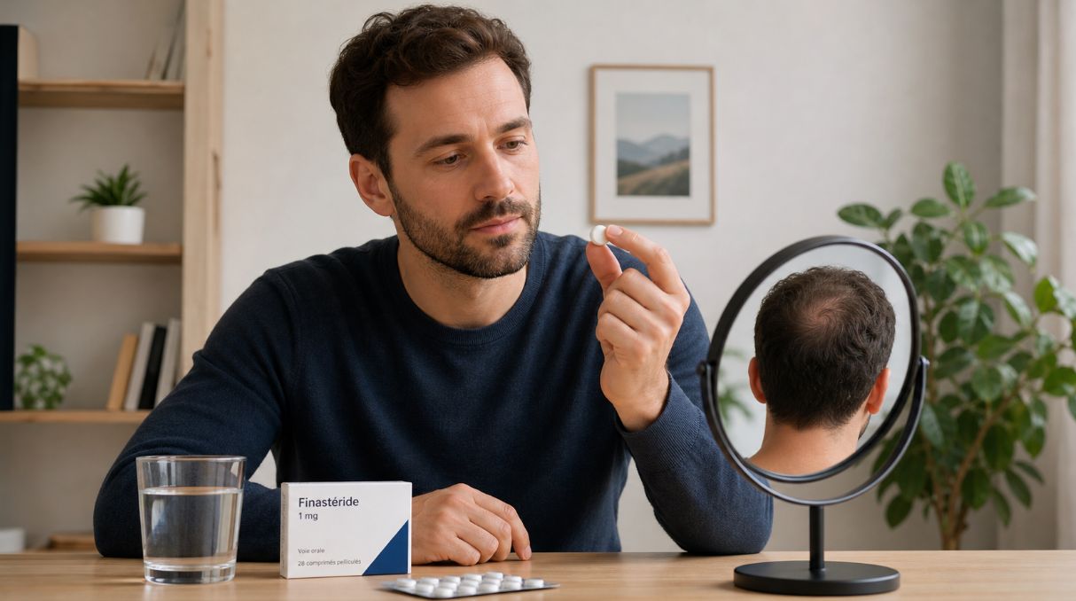 Homme de 30 ans tenant un comprimé de finastéride à son bureau, avec début de calvitie visible dans le miroir