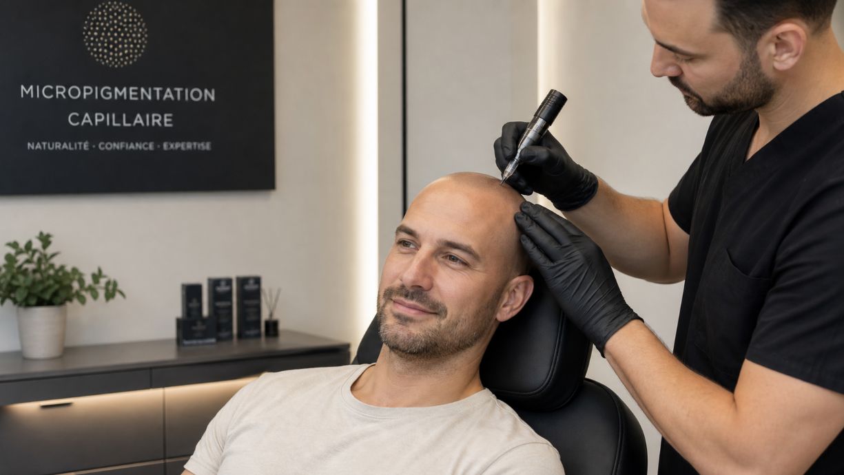 Micropigmentation du cuir chevelu dans une clinique moderne, homme de 35 ans traité par un praticien spécialisé