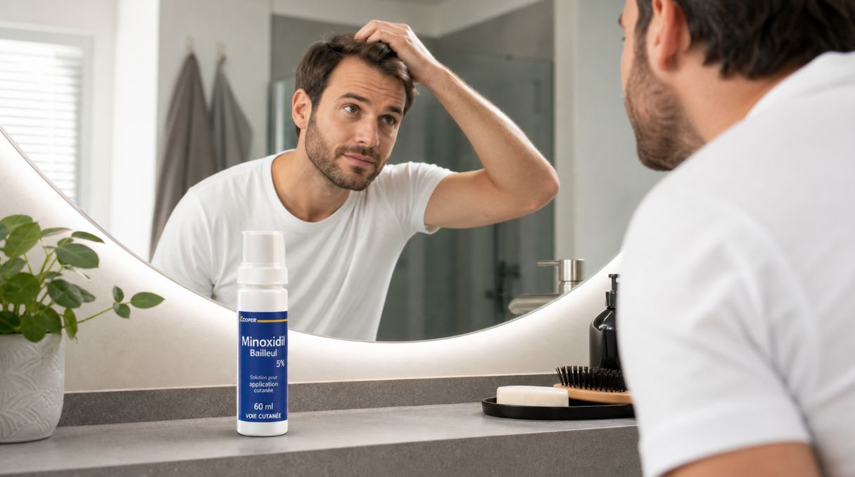 Flacon de minoxidil contre la chute de cheveux sur un lavabo moderne avec un homme observant ses cheveux dans le miroir